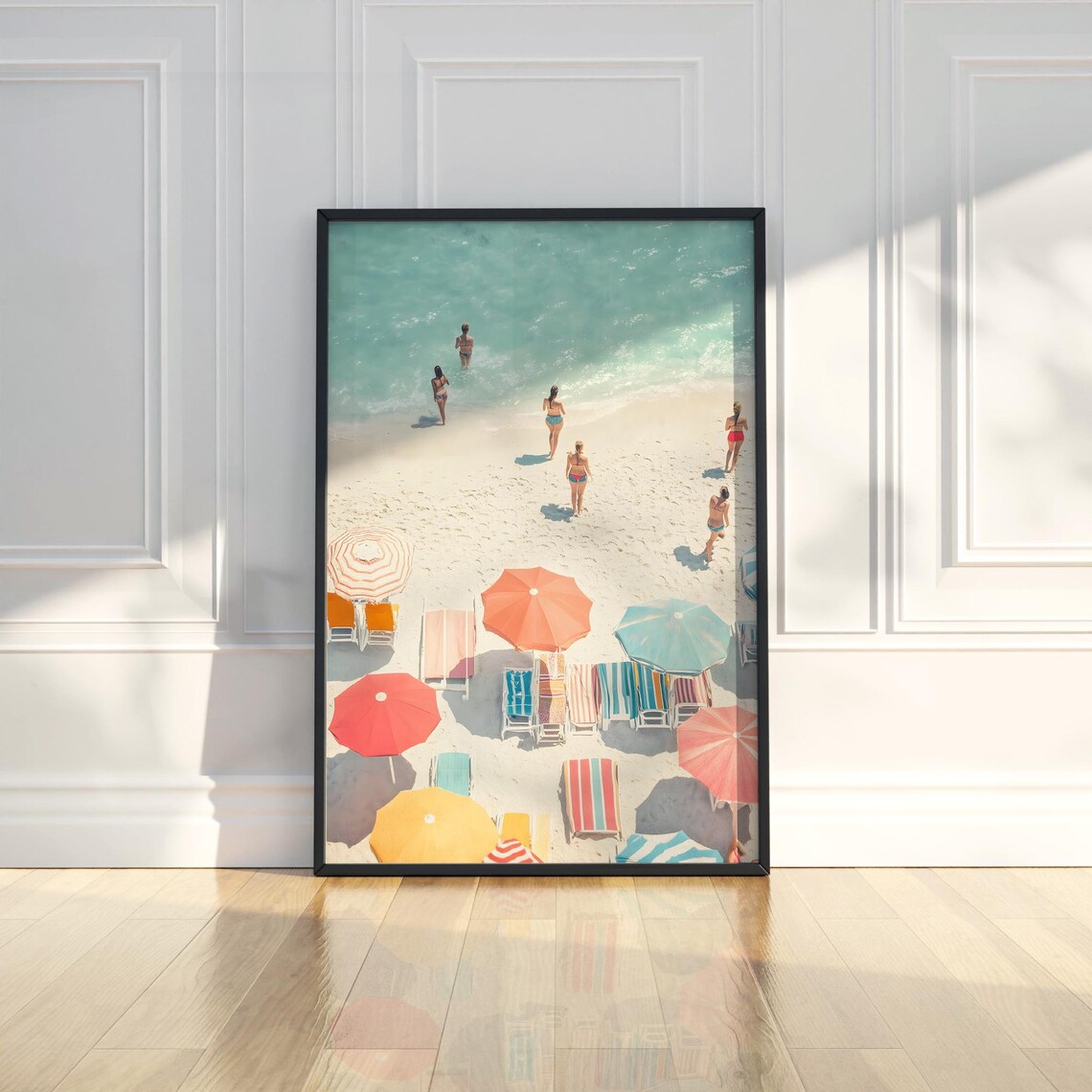 Minimalist Beach Aerial Pastel Umbrellas Swimmers Summer Ocean Poster