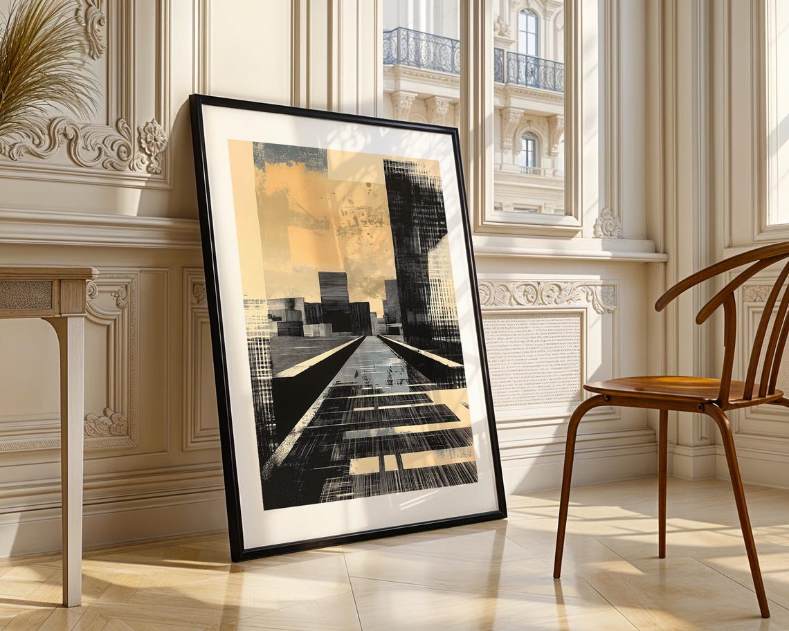 Abstract Brutalist City Skyline Ink Drawing Gold Background Poster - Image 3