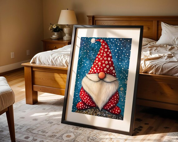 Christmas Gnome Red Polka Dot Hat Snowy Winter Holiday Poster