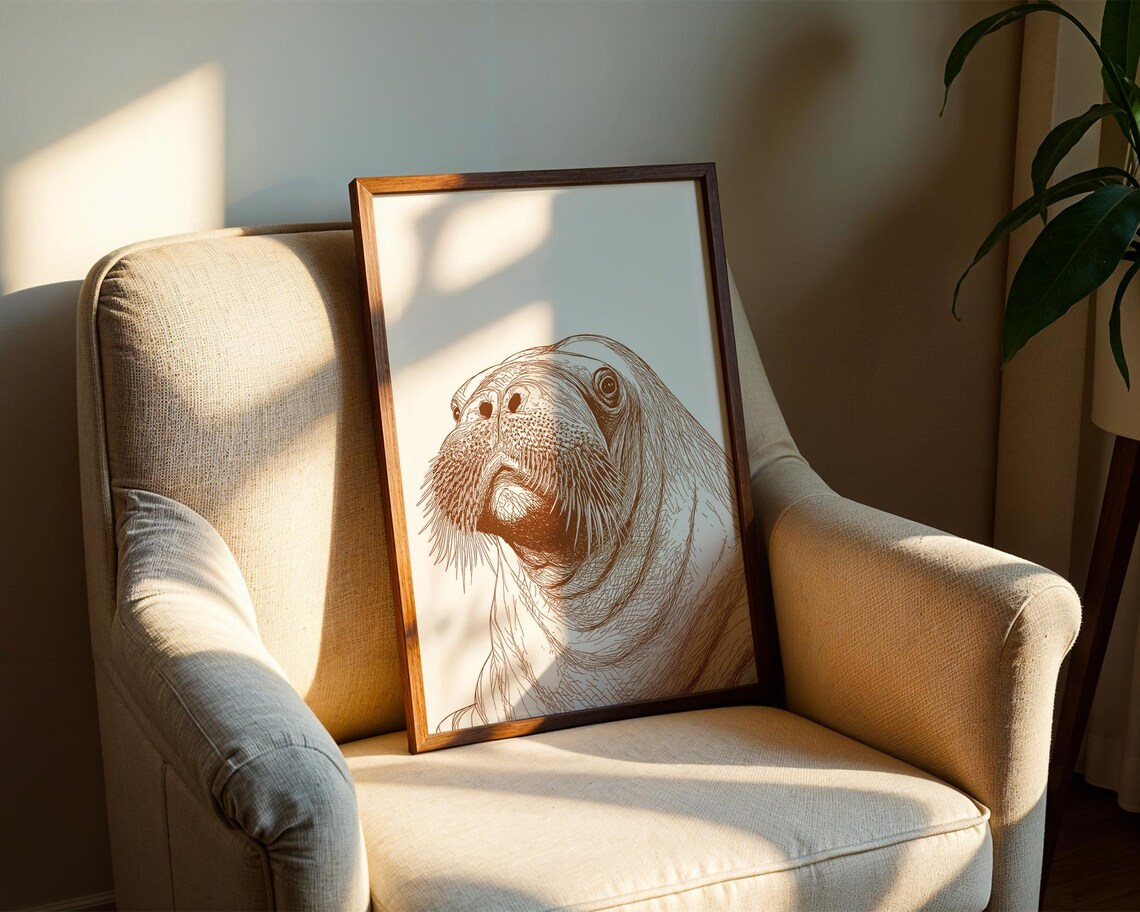 Hand Drawn Walrus Portrait Sepia Ink Line Art Sea Animal Sketch Poster - Image 2