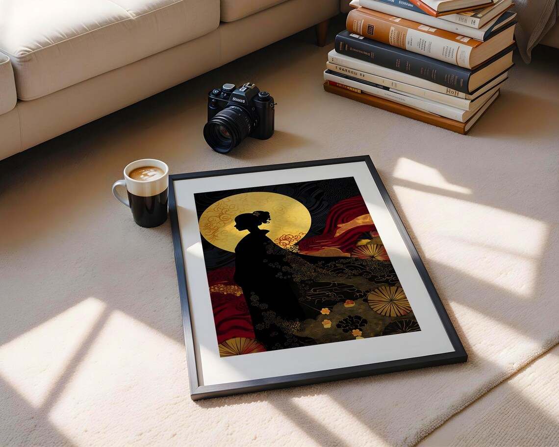 Japanese Kimono Woman Silhouette Golden Moon Black Gold Art Poster - Image 5