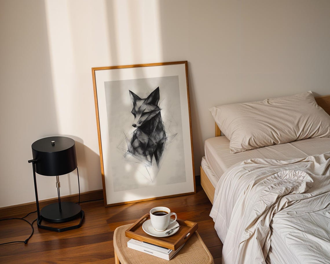Geometric Fox Profile Black Ink Wildlife Animal Drawing Wall Art - Image 3