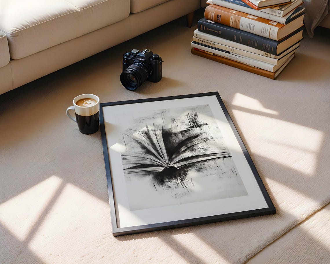 Magical Open Book With Flying Pages Black Charcoal Abstract Poster - Image 6