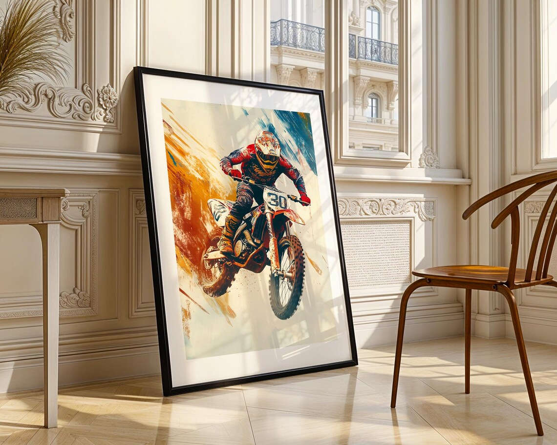 Motocross Rider Number 30 Dirt Bike Action Watercolor Sports Print