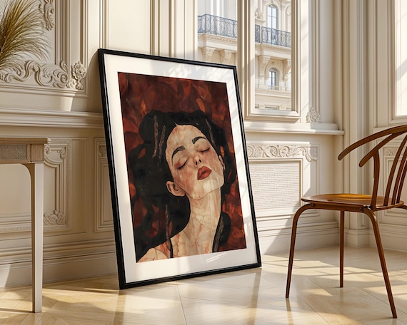 Woman With Closed Eyes Deep Red Expressive Portrait Art Poster