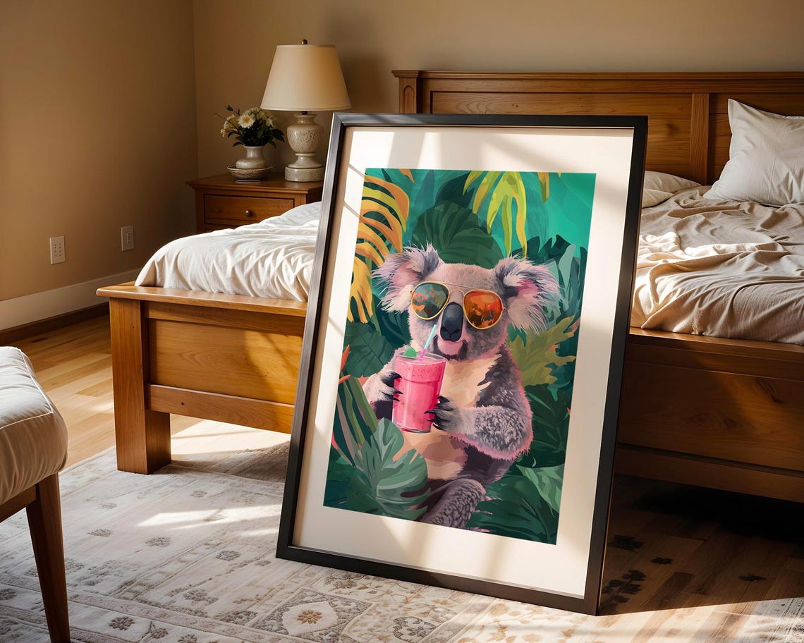 Cool Koala Drinking Smoothie With Sunglasses Tropical Illustration Trendy Wall Art Modern Prints Print - Image 4