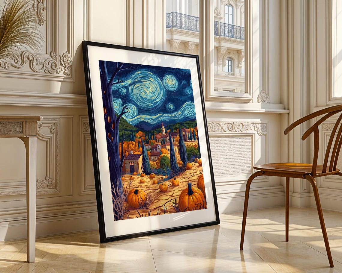 Starry Night Pumpkin Patch Village Fall Cozy Harvest Art Poster - Image 5
