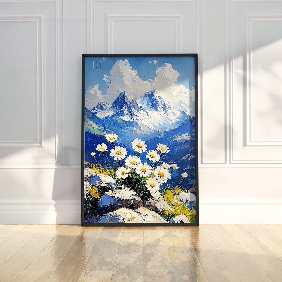 White Daisies Alpine Mountain Peaks Impasto Oil Style Poster