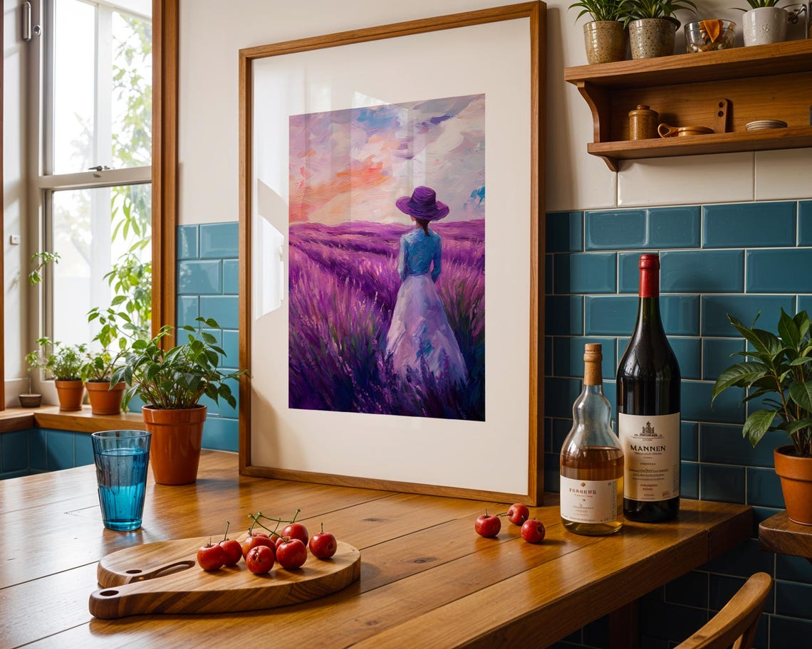 Woman in Lavender Field Sunset Purple Floral Landscape Poster - Image 2