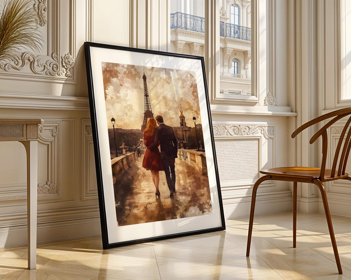 Eiffel Tower Paris Couple Bridge Stroll Watercolor Art Poster - Image 4
