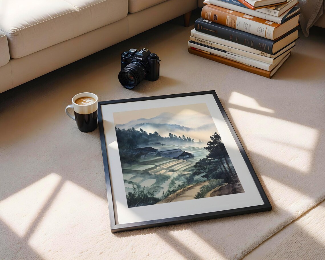 Serene Misty Rice Terraces Farmhouses Watercolor Asian Poster - Image 5