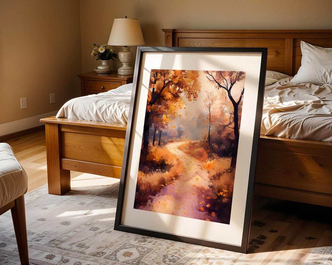 Golden Autumn Forest Path with Falling Leaves Painting Poster - Image 4