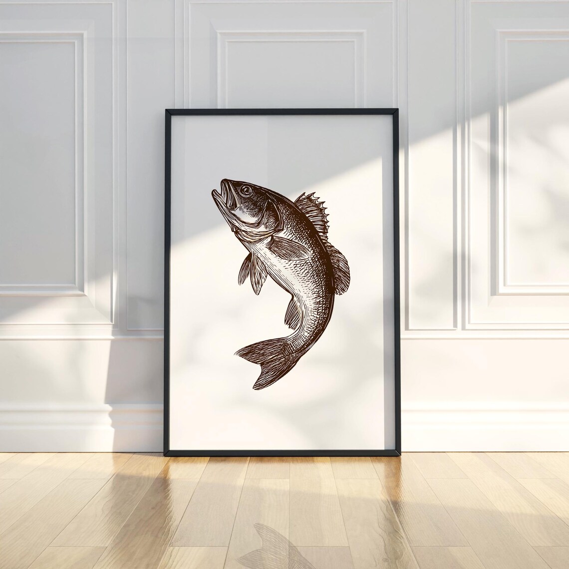 Jumping Bass Fish Brown Ink Sketch Fishing Art Drawing Poster