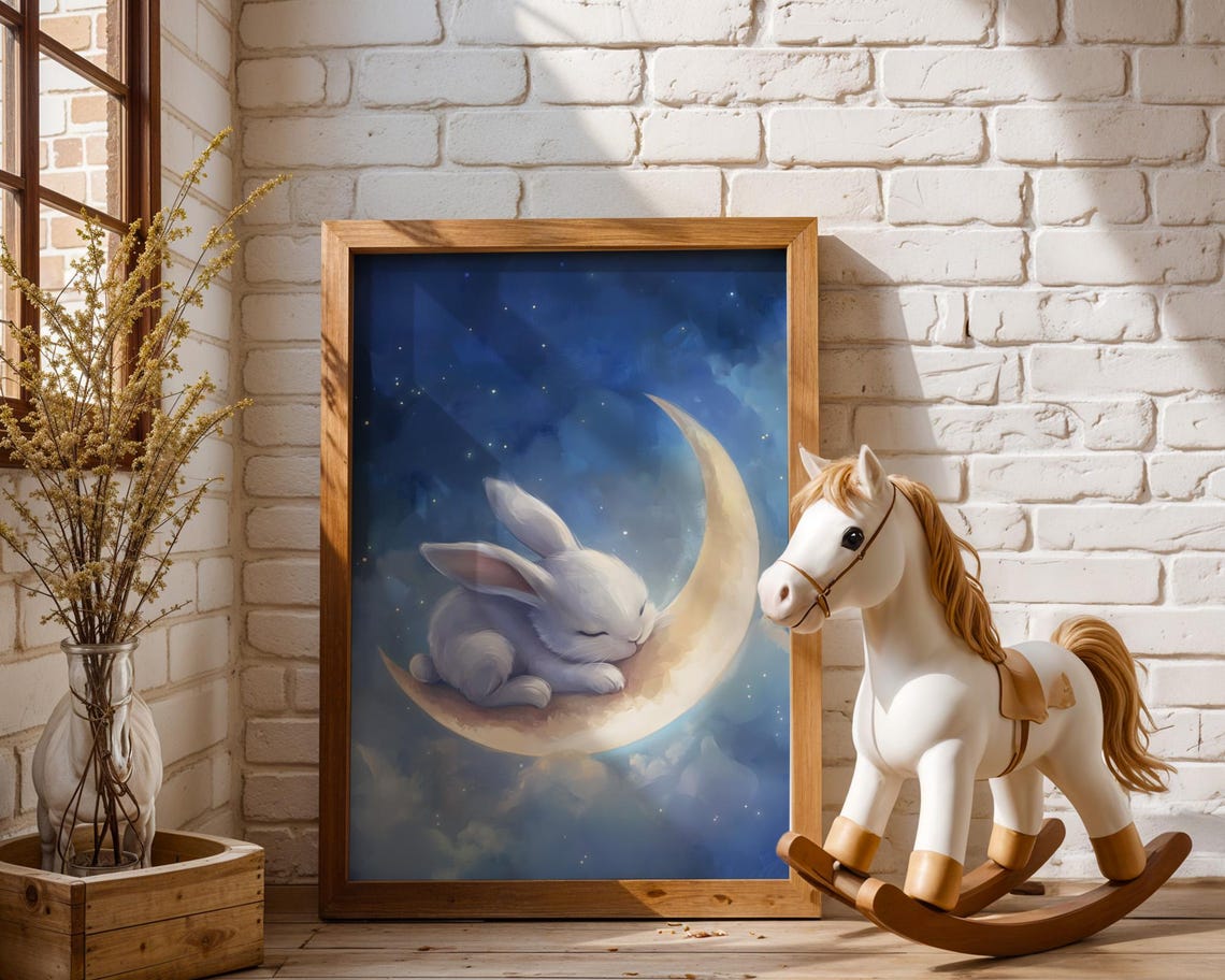 Dreamy Bunny Moon Nursery Wall Art Sleepy Rabbit Crescent Illustration Celestial Night Sky Baby Room Kids Decor - Image 2