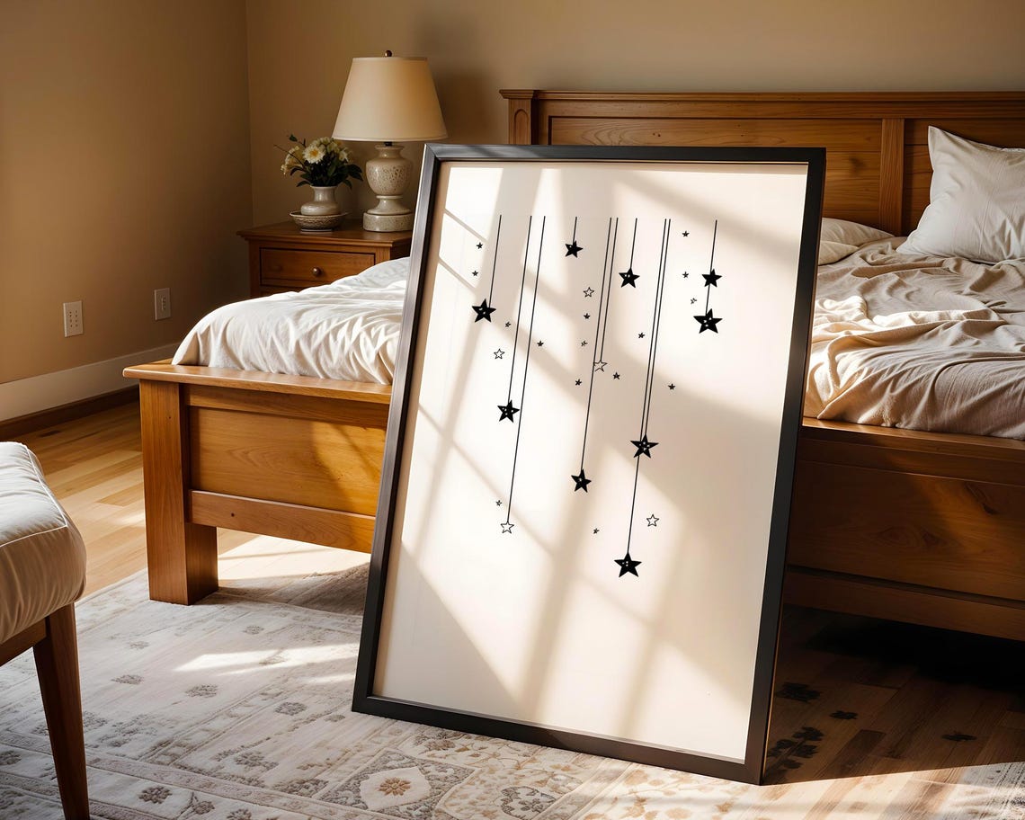 Hanging Stars Mobile Black and White Minimal Cute Nursery Poster - Image 4