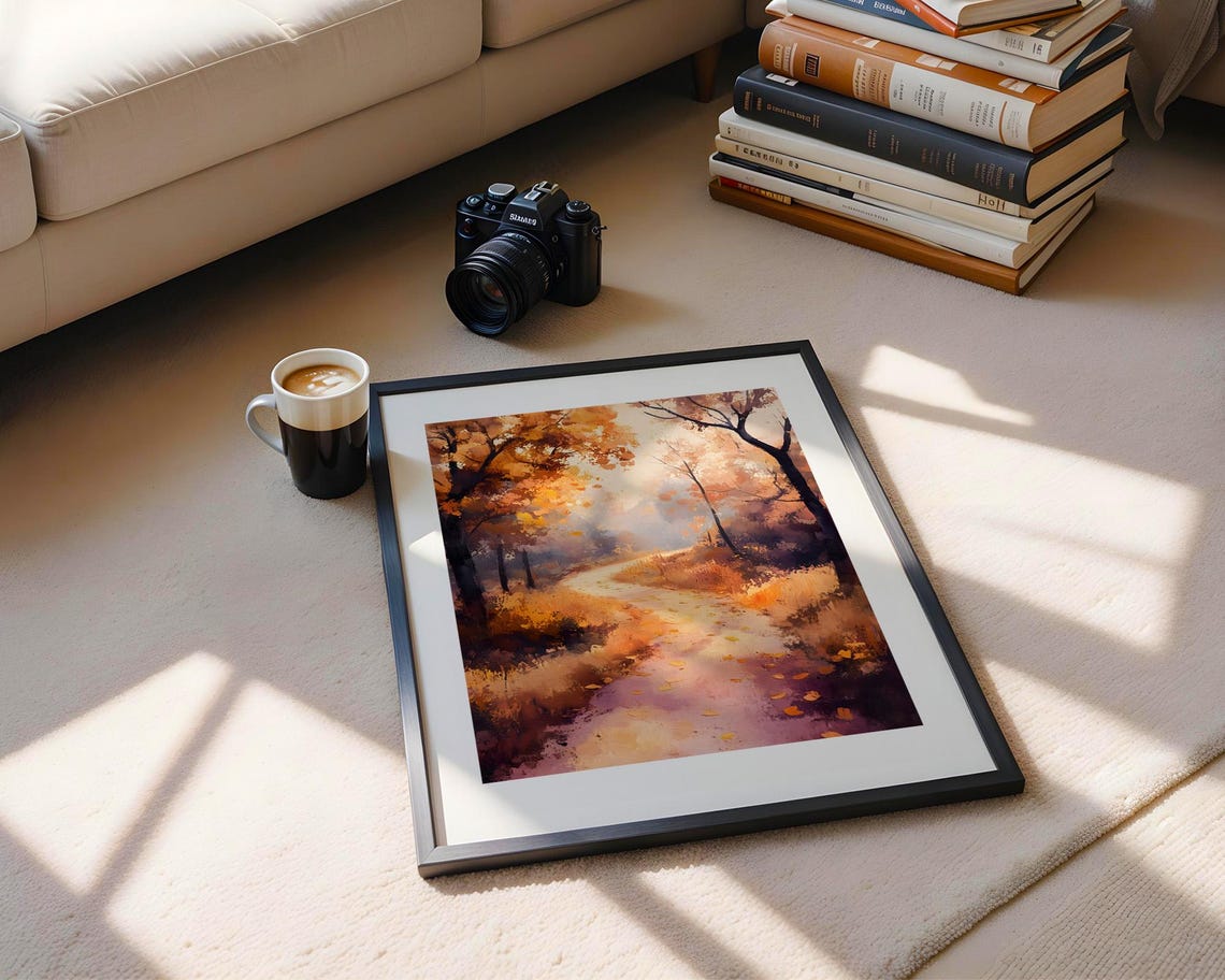 Golden Autumn Forest Path with Falling Leaves Painting Poster - Image 5