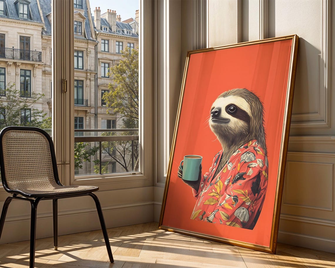 Sloth With Coffee Mug Robe Chill Animal Art Print Trendy Wall Room Decor Prints Poster - Image 5