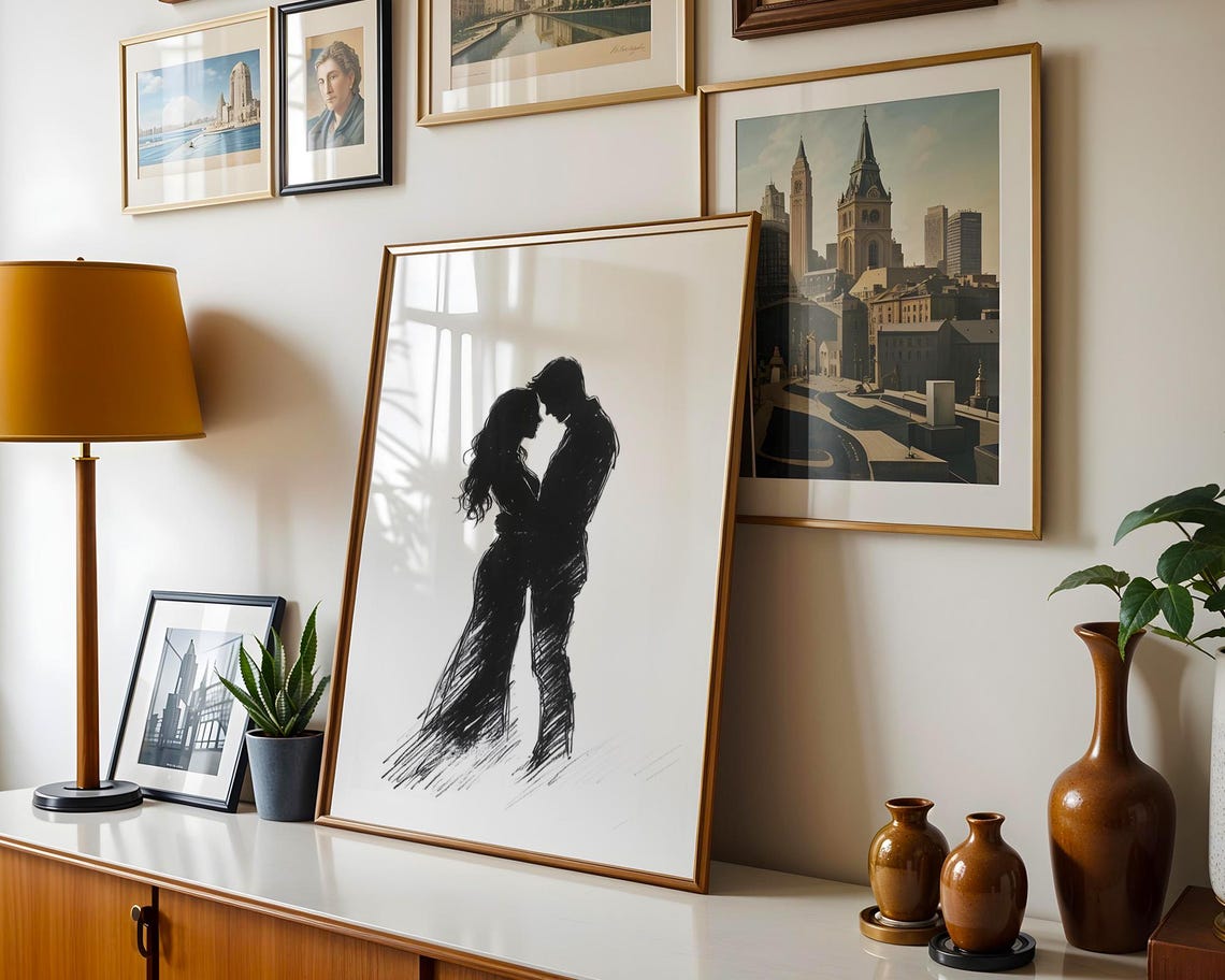 Romantic Couple Silhouette Embracing Minimalist Love Sketch Poster - Image 4