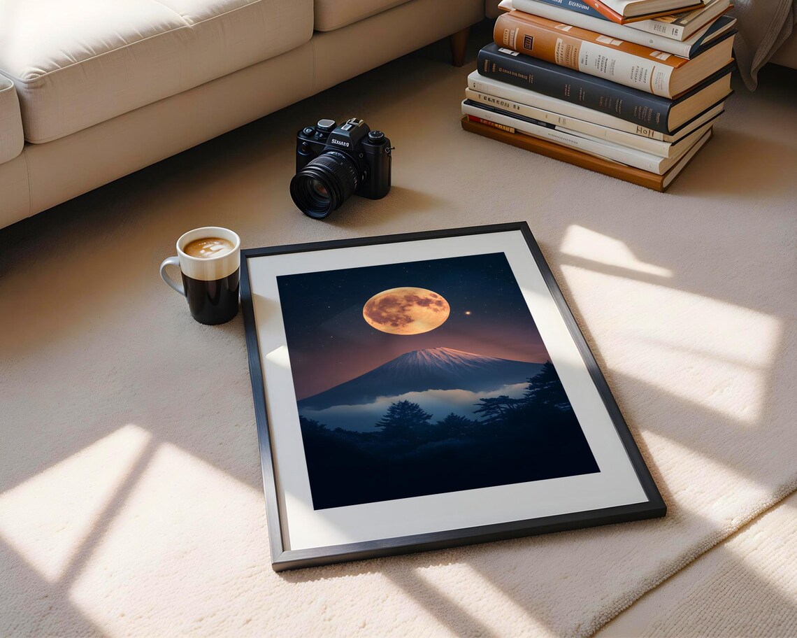 Mount Fuji Under Full Moon Night Sky Japanese Landscape Poster - Image 5