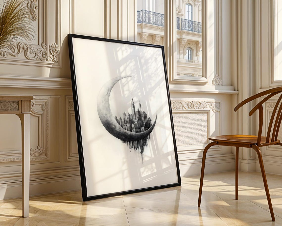 Crescent Moon Cradling City Skyline Monochrome Pencil Sketch Poster