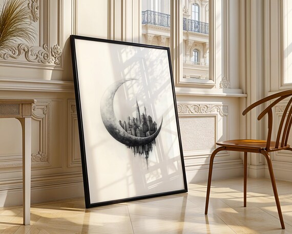 Crescent Moon Cradling City Skyline Monochrome Pencil Sketch Poster