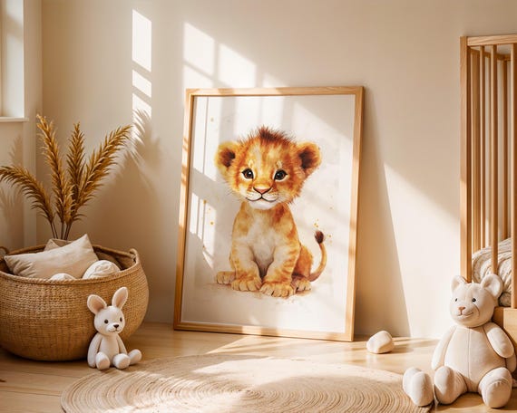Cute Baby Lion Nursery Wall Art Print Jungle Safari Animal Watercolor Illustration Kids Boy Playroom Room Home Decor