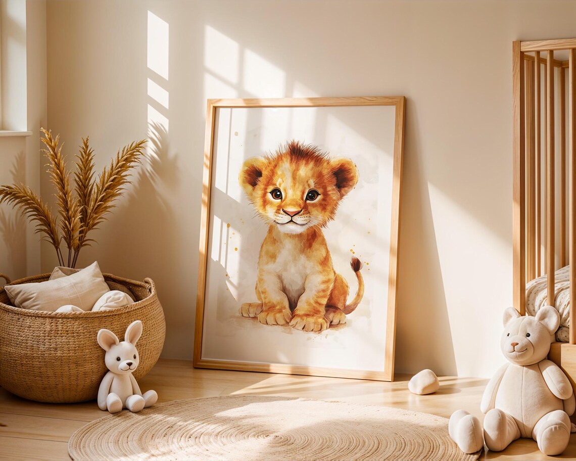 Cute Baby Lion Nursery Wall Art Print Jungle Safari Animal Watercolor Illustration Kids Boy Playroom Room Home Decor