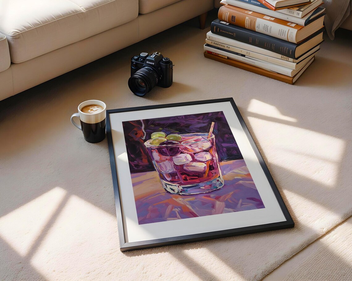 Fruit Cocktail Glass Ice Cubes Vibrant Purple Background Oil Painting Poster - Image 5