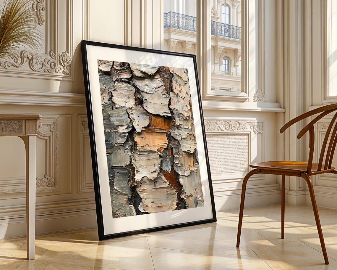 Abstract Birch Tree Bark Texture Neutral Impasto Oil Painting Poster - Image 3