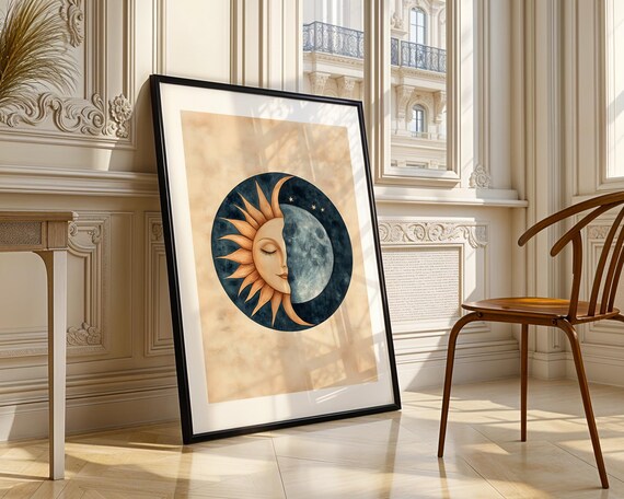Celestial Sun Moon Face Vintage Watercolor Boho Home Decor Print