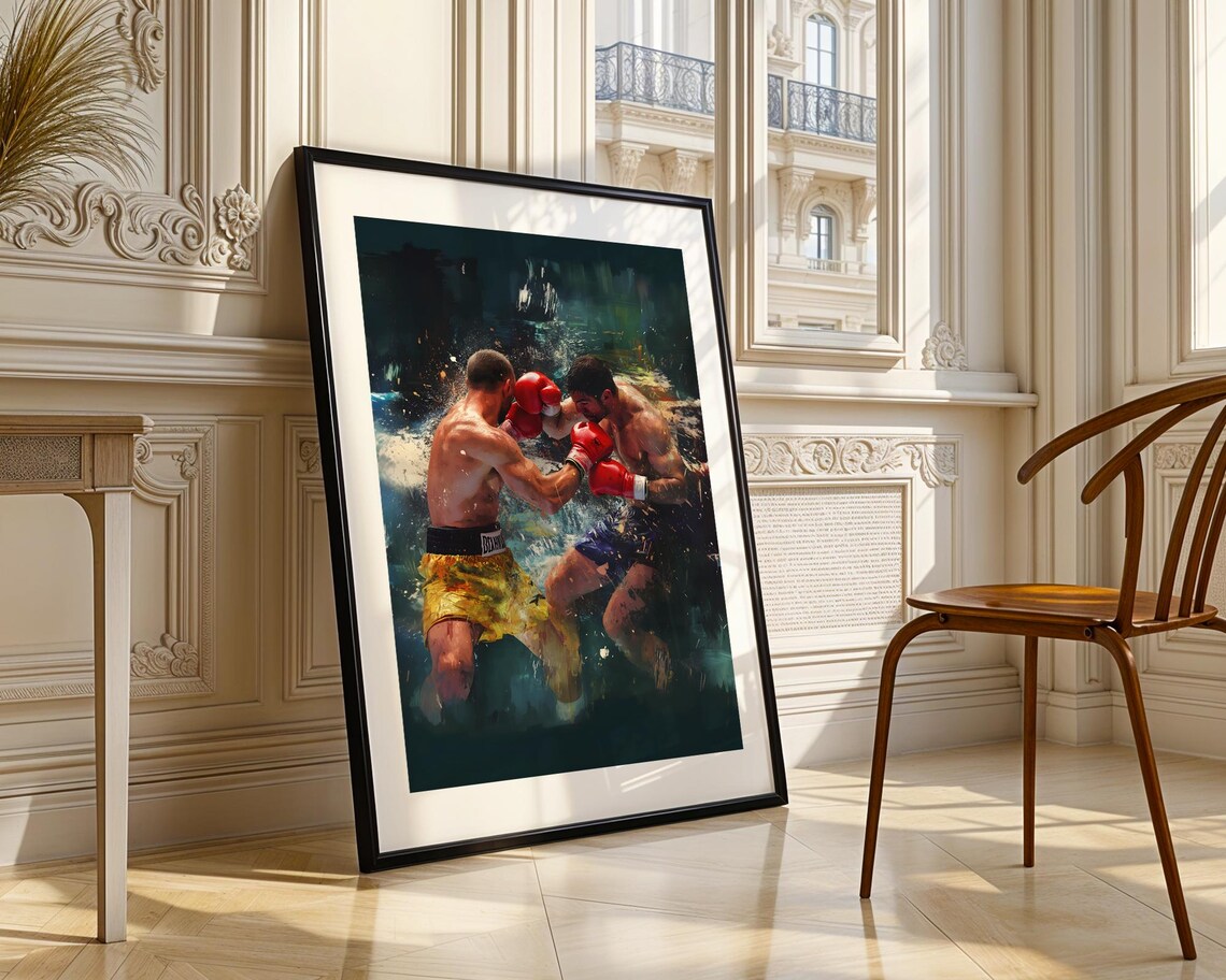 Boxers Fighting Match Red Gloves Dramatic Oil Painting Sports Poster