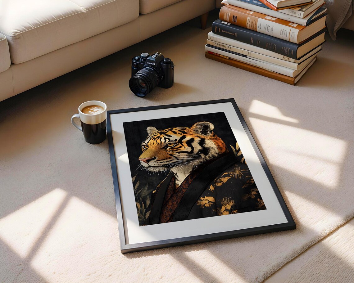 Tiger Portrait Wearing Floral Kimono Dark Japanese Style Wall Art - Image 4