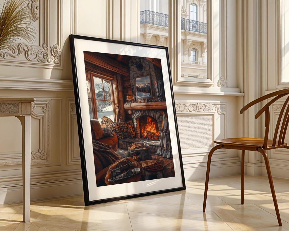 Cozy Winter Ski Cabin Fireplace Mountain View Illustration Poster - Image 3