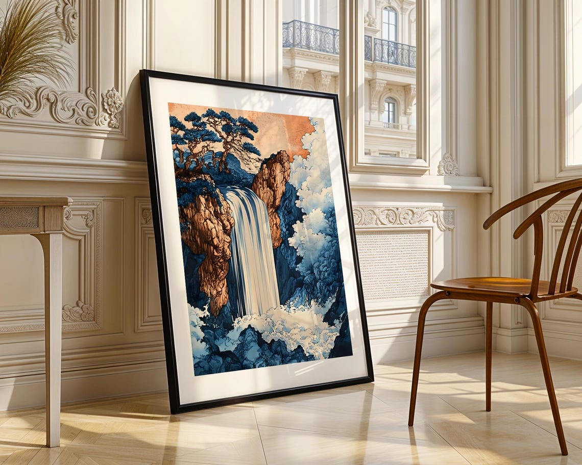 Vintage Japanese Woodblock Waterfall Art Poster with Blue Pine Trees - Image 3