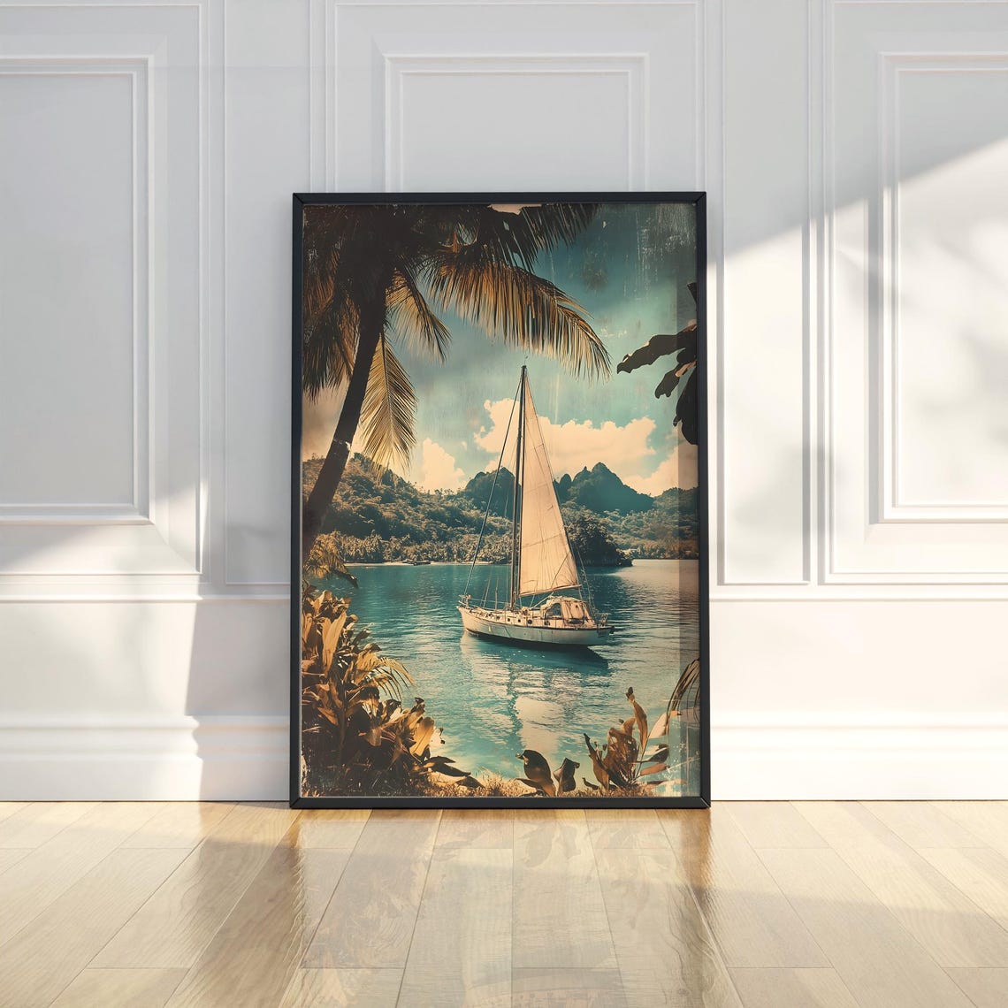 Sailboat In Tropical Palm Bay Vintage Style Nautical Travel Poster