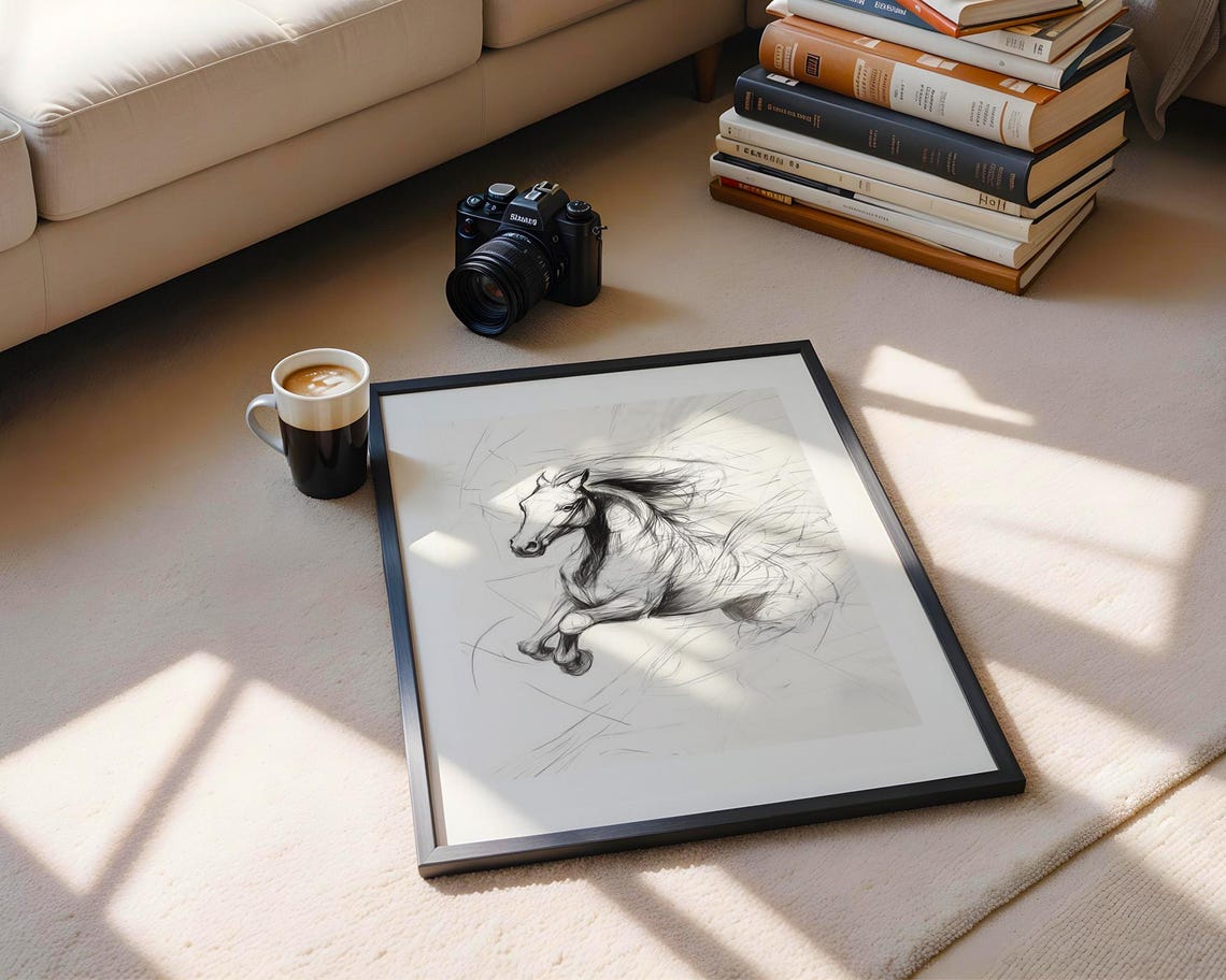 Galloping Horse Pencil Sketch Monochrome Equine Dynamic Drawing Poster - Image 3