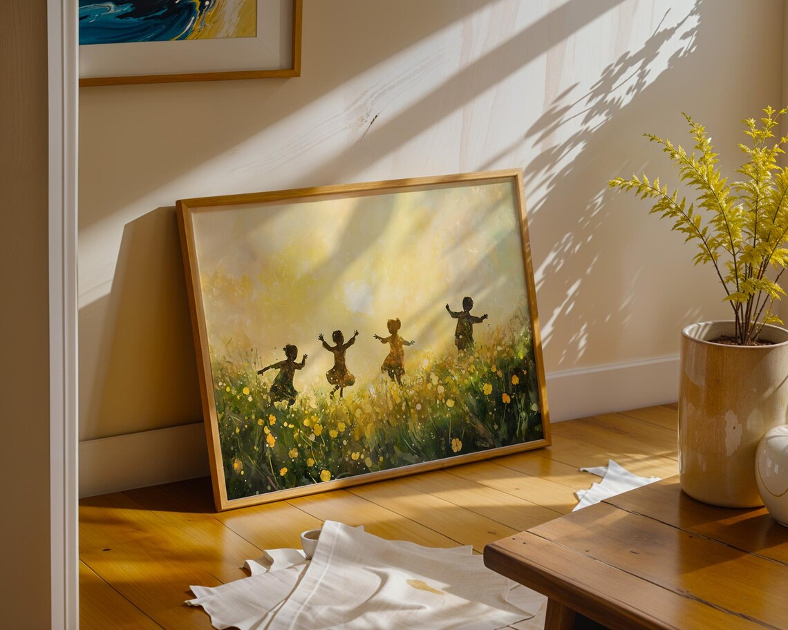 Children Dancing Golden Flower Field Sunset Nostalgic Artwork Poster - Image 3