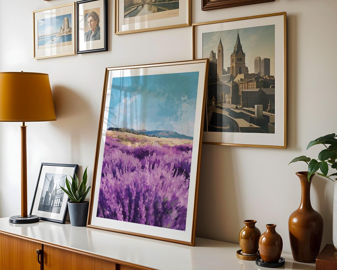 Purple Lavender Field Stretching Under Bright Blue Summer Sky Poster - Image 5