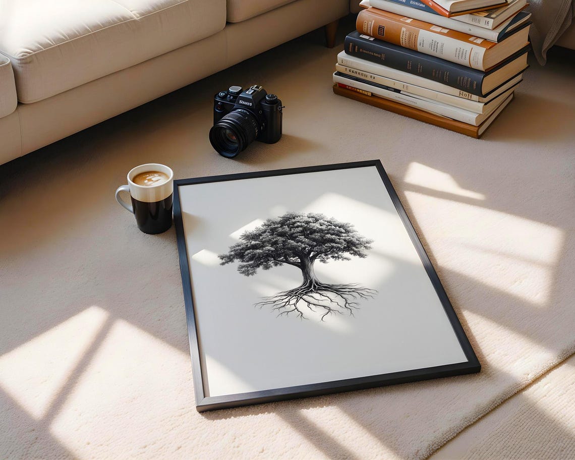 Black and White Tree of Life with Exposed Roots Ink Drawing Poster - Image 5