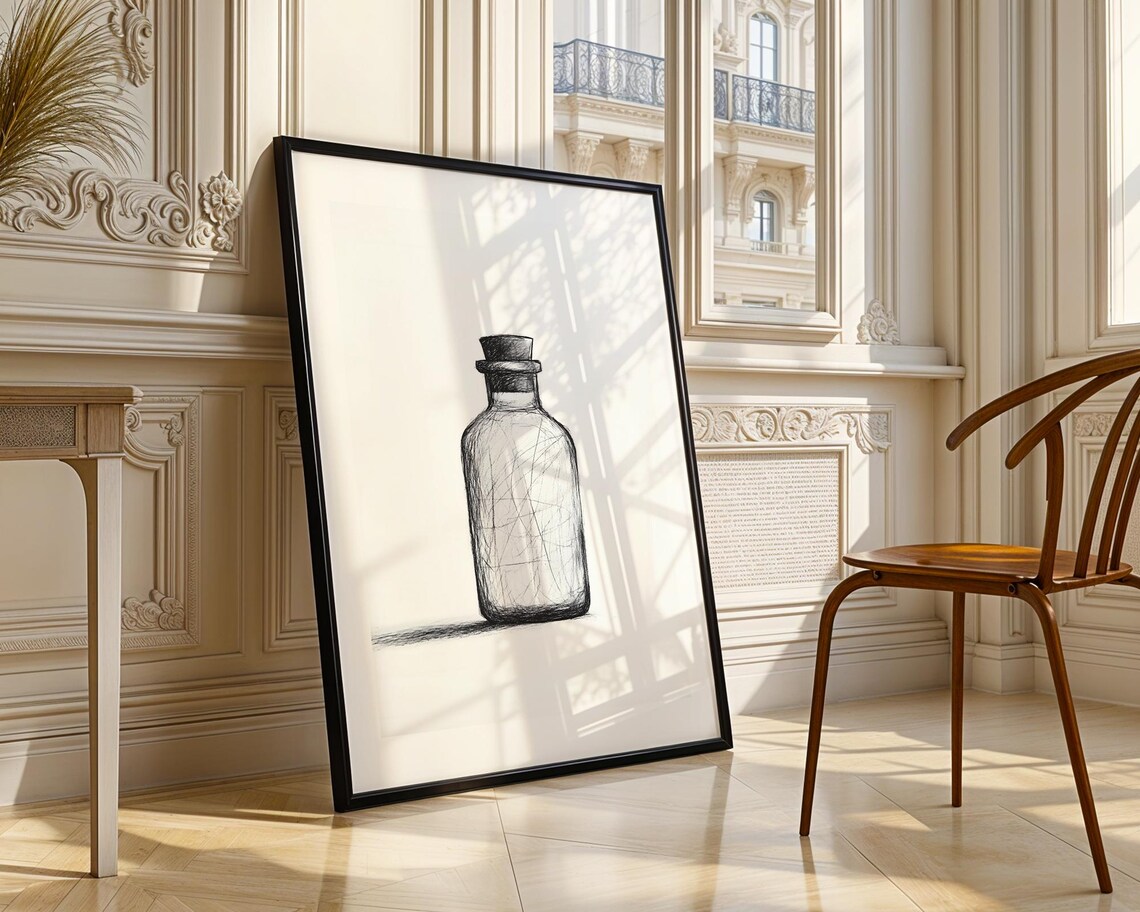Empty Glass Bottle Cork Stopper Black Ink Sketch Minimalist Art Poster - Image 4