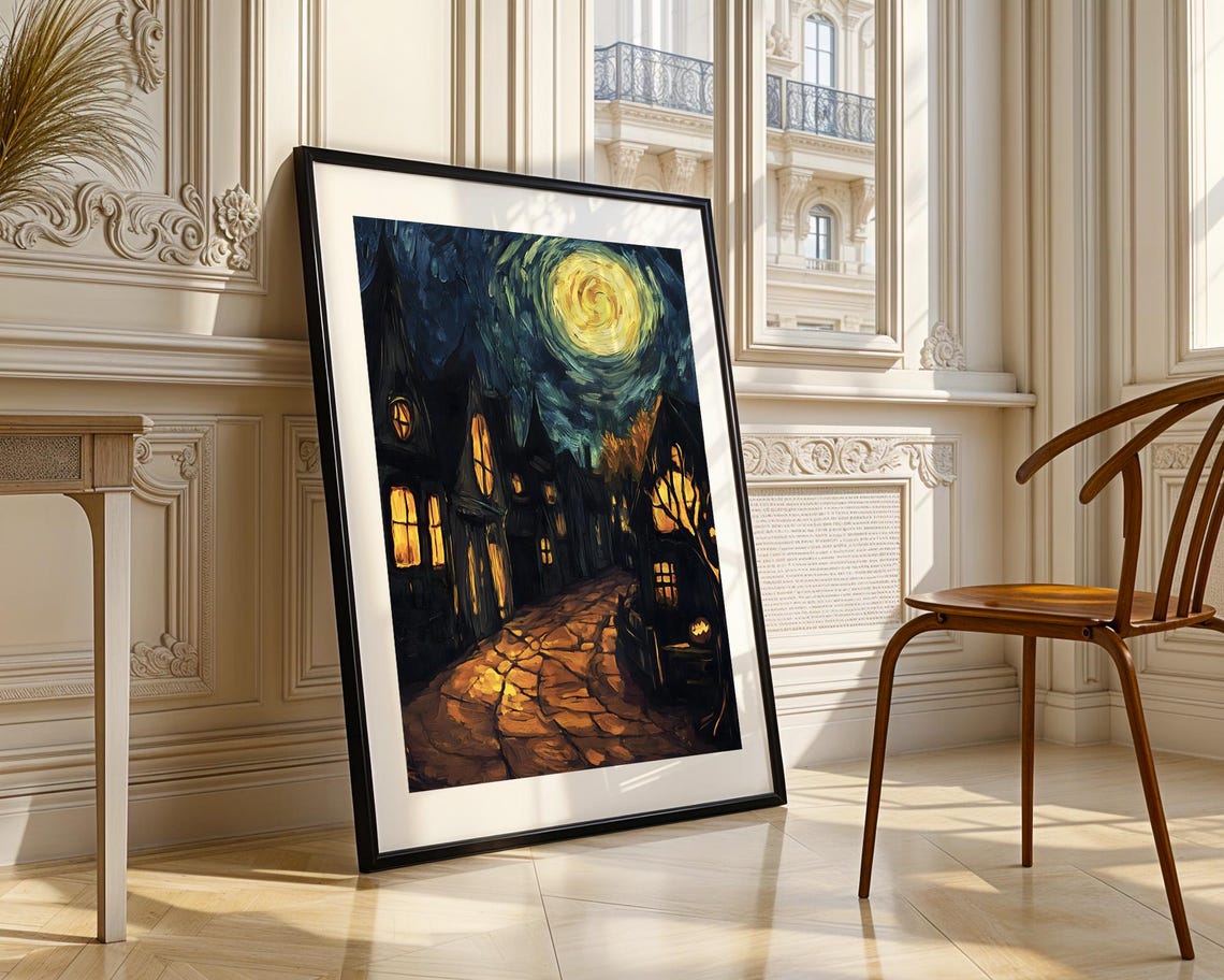 Moonlit Cobblestone Street Night Village Scene Old Town Poster - Image 5