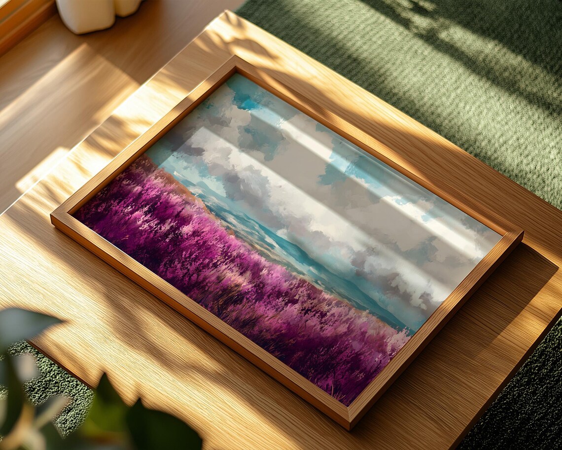 Purple Heather Field Cloudy Sky Landscape Oil Painting Poster - Image 2