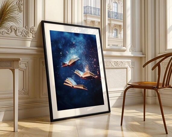 Magical Flying Books Cosmic Starry Night Celestial Fantasy Poster
