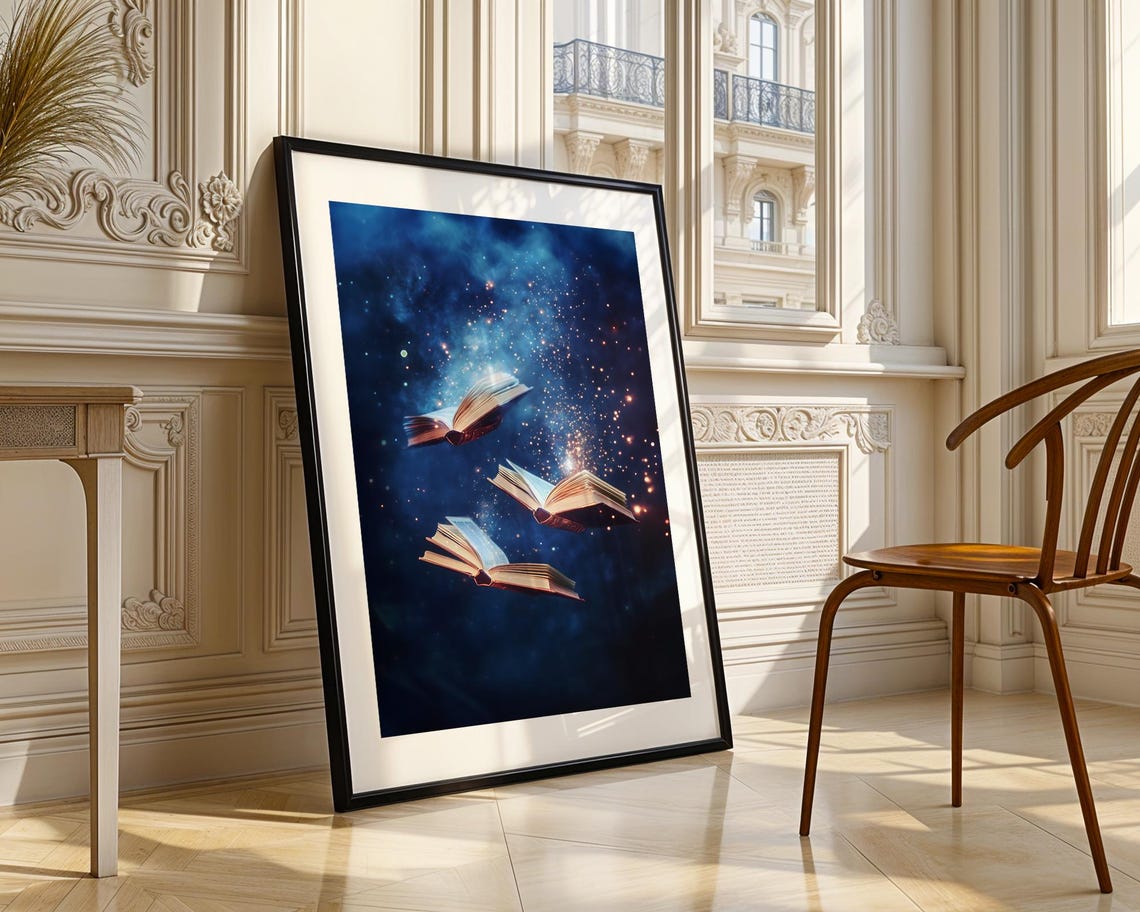 Magical Flying Books Cosmic Starry Night Celestial Fantasy Poster