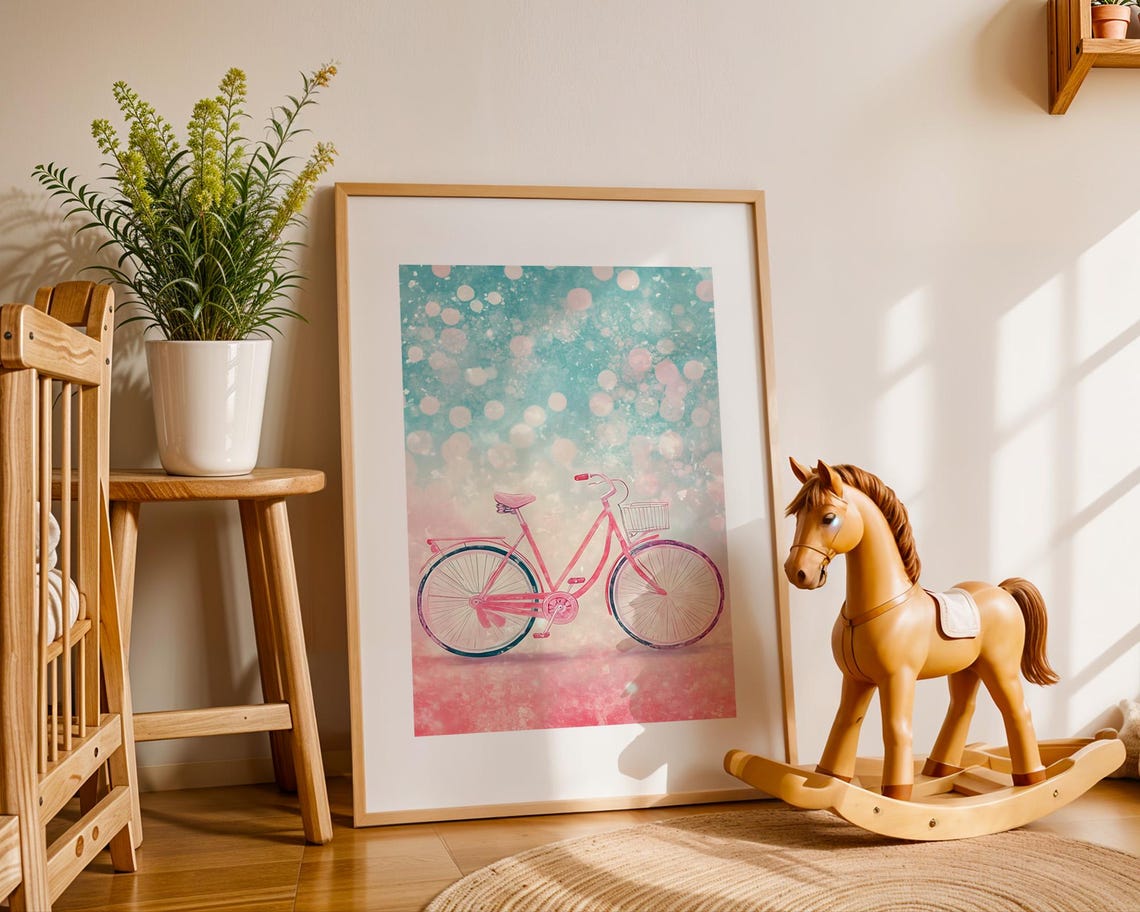 Cute Whimsical Pink Bicycle Pastel Bokeh Retro Bike Art Poster - Image 5