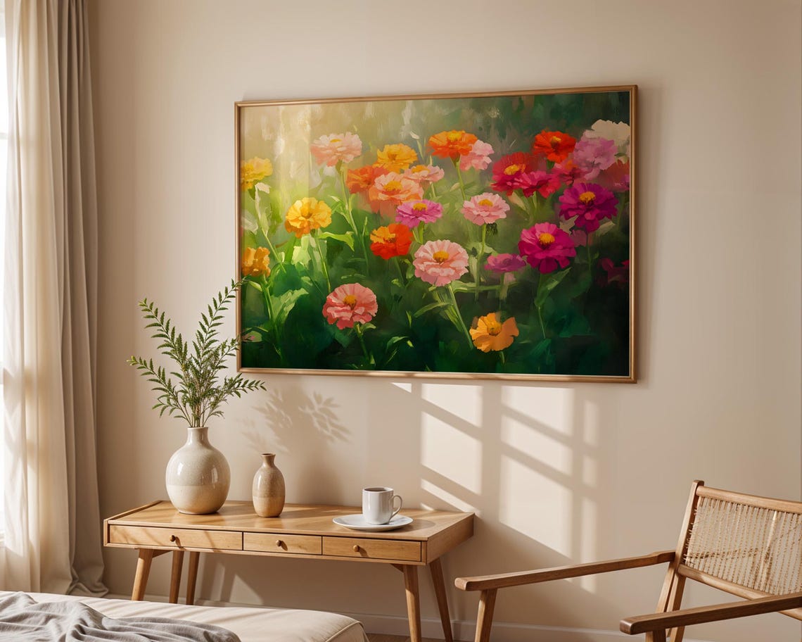 Colorful Zinnia Flower Garden Sunlit Oil Painting Bloom Wall Art - Image 5