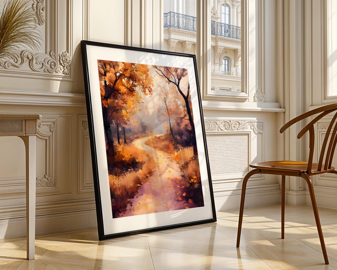 Golden Autumn Forest Path with Falling Leaves Painting Poster - Image 3