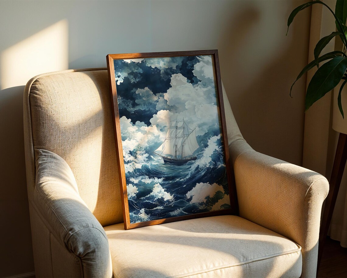 Tall Sailing Ship On Stormy Ocean Waves Watercolor Painting Poster - Image 2