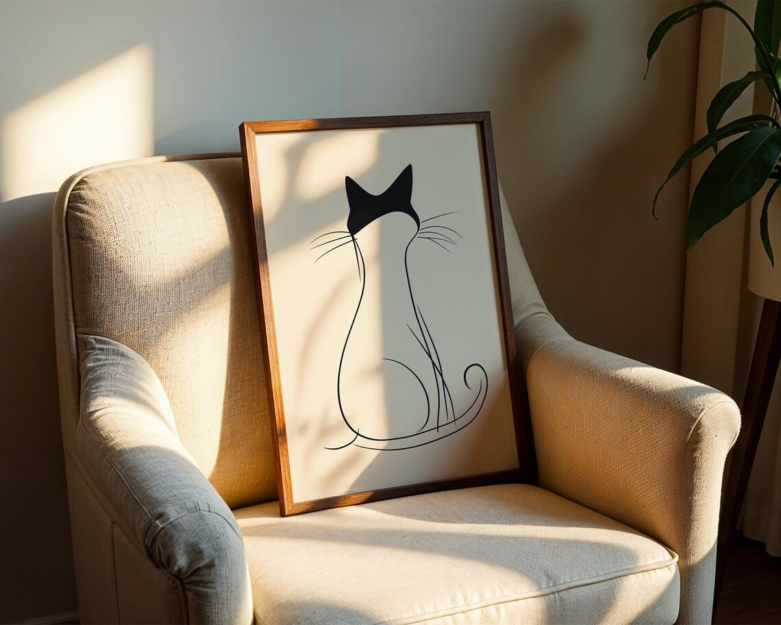 Minimalist Black Cat Line Art Sitting Silhouette Wall Poster - Image 2