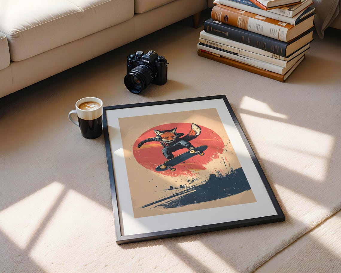 Skateboarding Fox Red Sun Circle Vintage Inspired Retro Skater Poster - Image 5